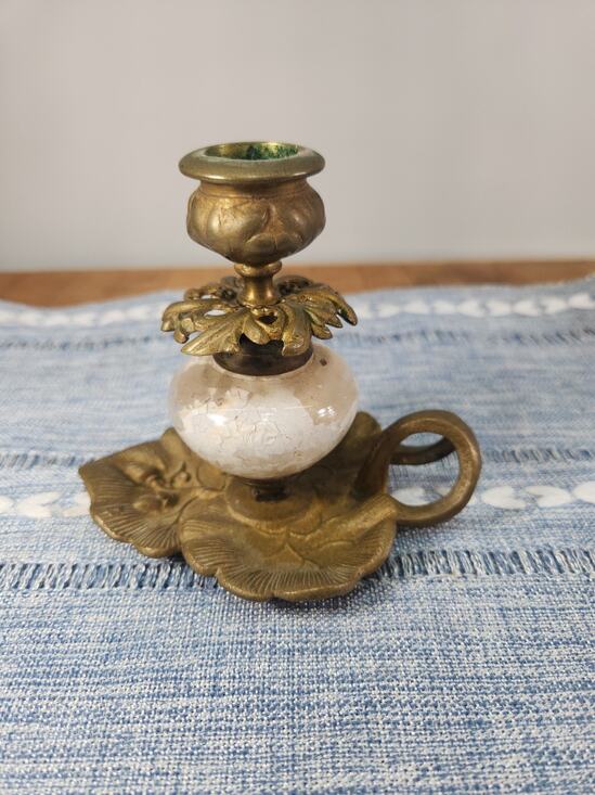 Other - Vintage Brass White Crackle Glass Chamberstick Candle Holder Ornate 5"